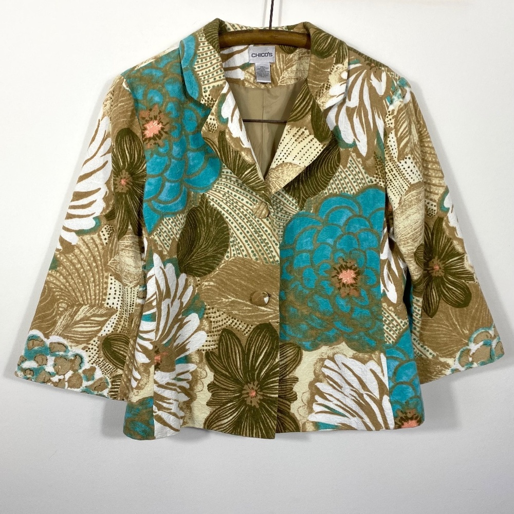 Chico’s Cotton Spring Jacket Size 1 Medium US8, Aqua Turquoise Floral 3/4 Sleeve
